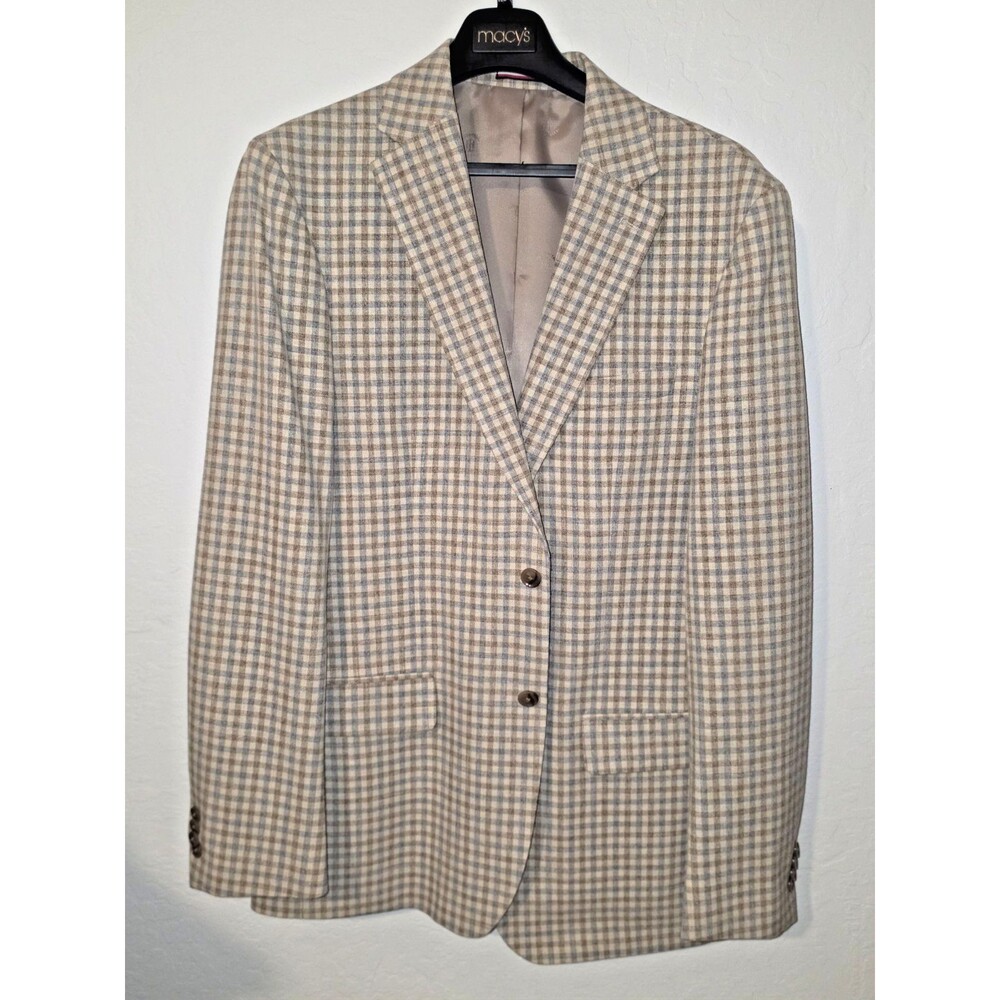 Tommy Hilfiger Mens 42L Windowpane Plaid Blazer Sport Coat Tan Gray Stretch